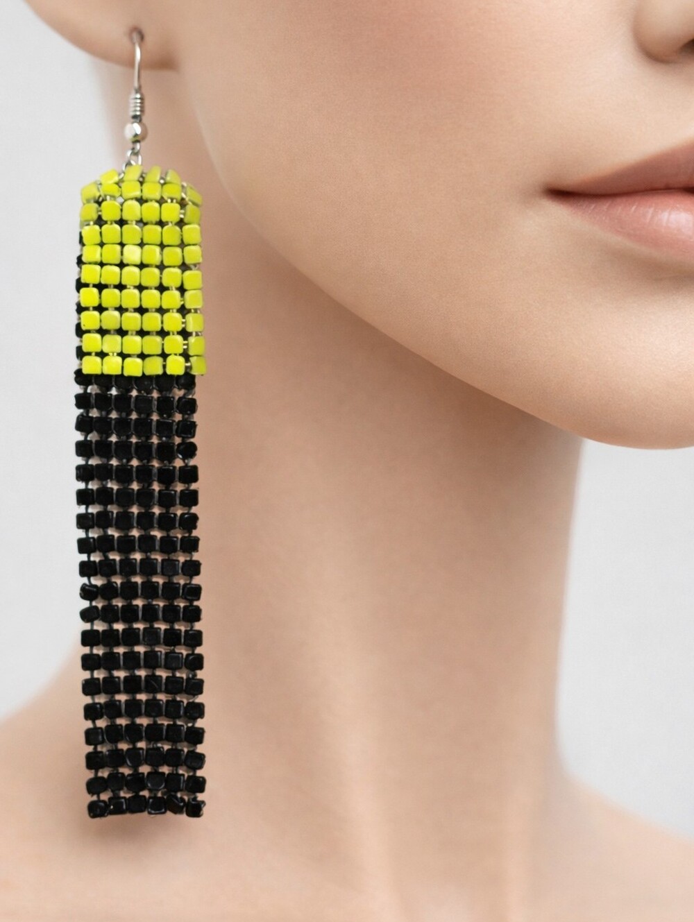 Neon Yellow & Black Long Dangle Earrings – Bold Women’s Fashion Jewelry